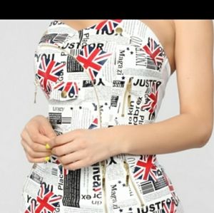 Moto Mini Dress Strapless Newspaper Print Faux PU